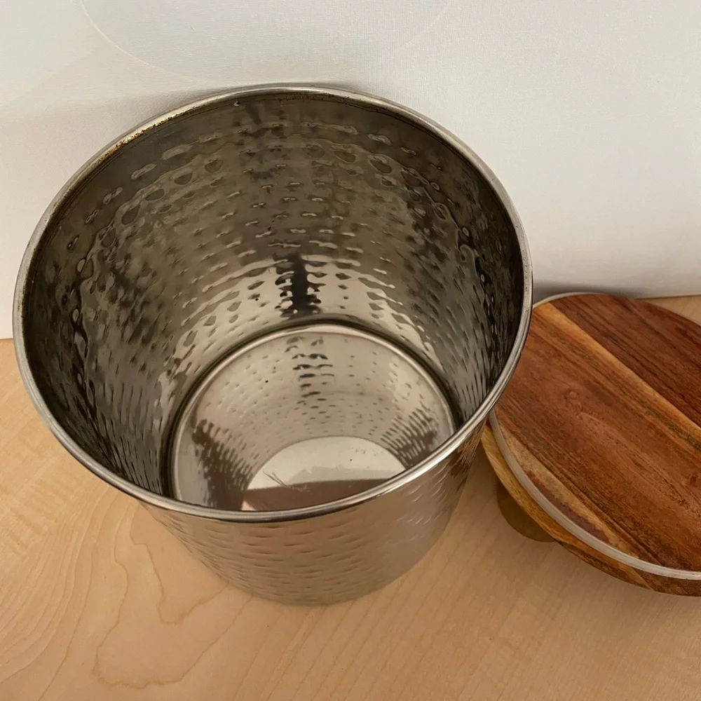 NWT Dog Treat Stainless Steel & Wood Cover Canister